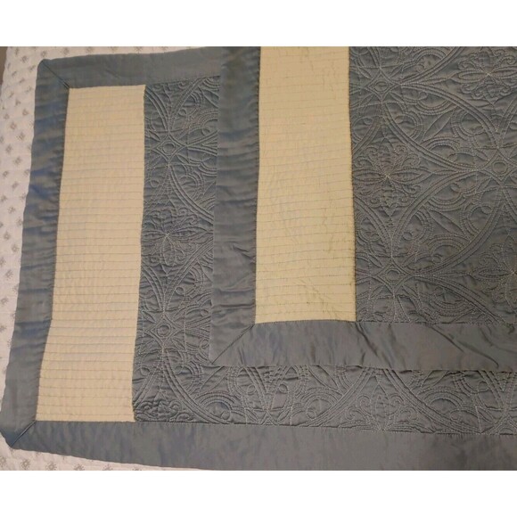 VTG Teal & Cream Contrast Stitching QUILTED SATIN King Sized Pillow SHAMS VGC - Picture 7 of 9